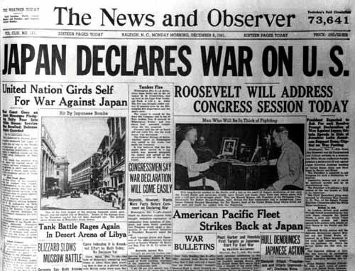 Newspaper Headline, Pearl Harbor 1941