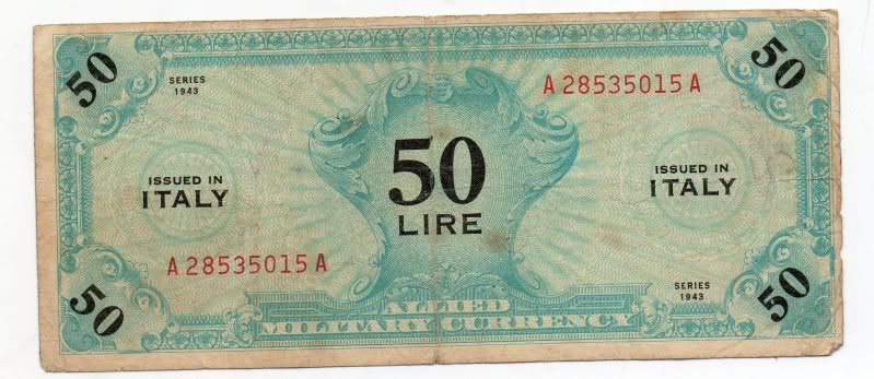 Authentic Vintage 1943 A Italy Bank Note Cinquanta 50 Lire  